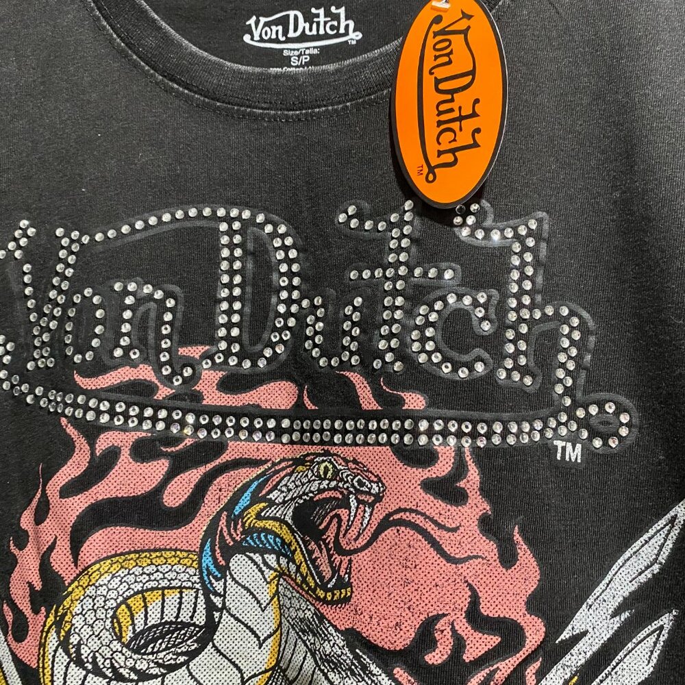 NWT Von Dutch Tiger Snake Bling Logo Graphics Punk Goth Festival Tee T-Shirt S - Picture 4 of 7
